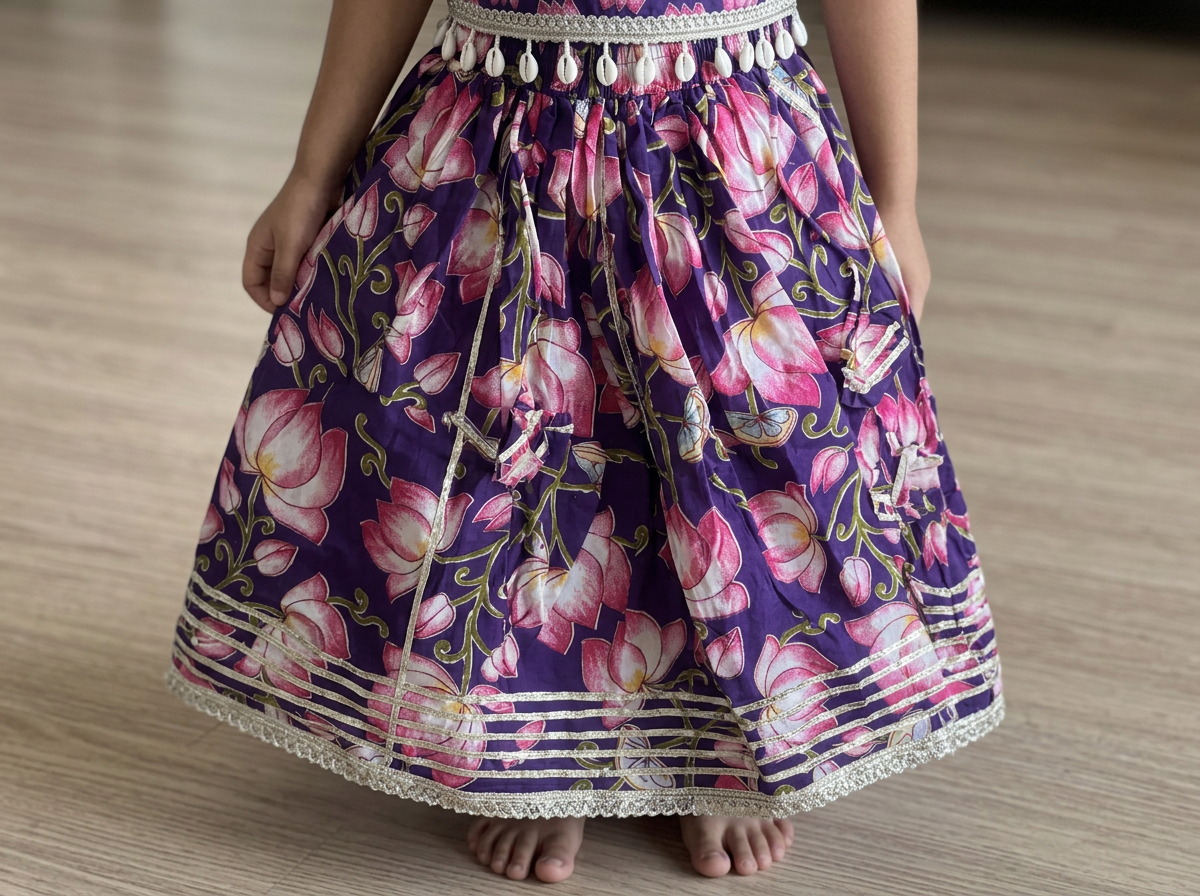 Girls Lotus Printed Lehenga Choli Set Purple - close-up detail of lehenga skirt