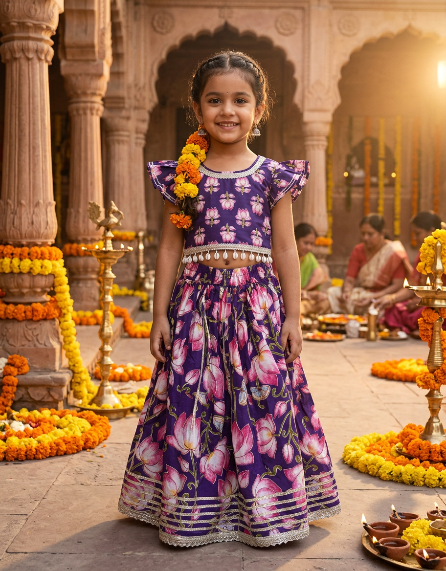 Girls Lotus Printed Lehenga Choli Set Purple - festive lifestyle shot