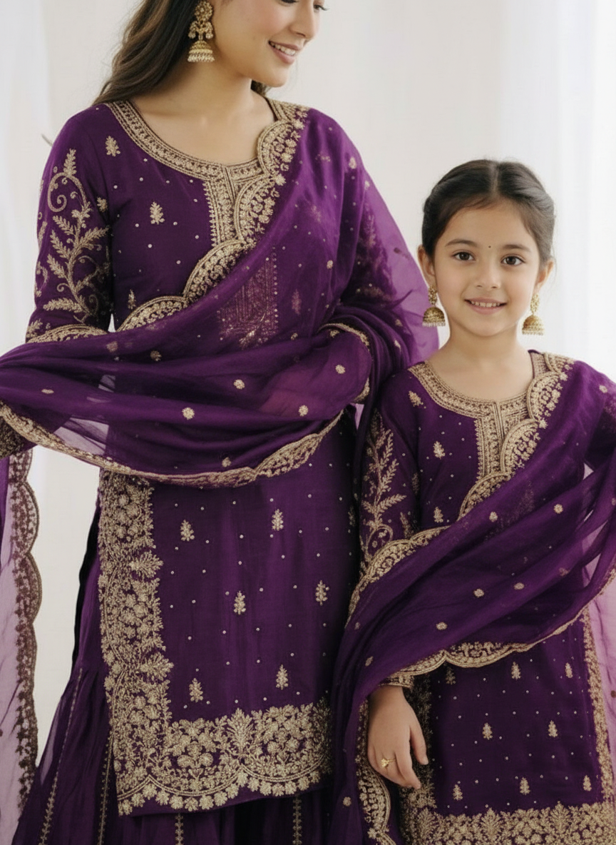 Purple Embroidered Sharara Set (Girl) - close-up of top and embroidery