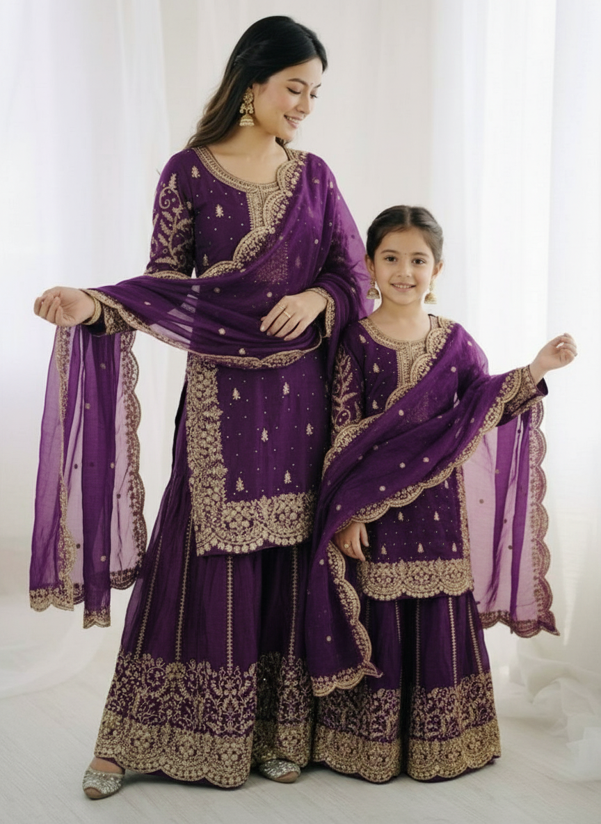Purple Embroidered Sharara Set (Girl) - close-up of bottom and hem