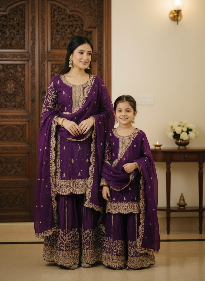 Purple Embroidered Sharara Set (Girl) - lifestyle festive shot