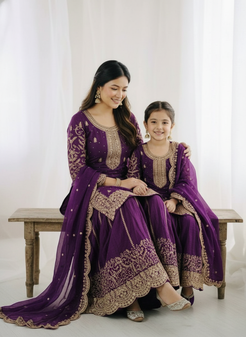 Purple Embroidered Sharara Set (Girl) - lifestyle seated shot