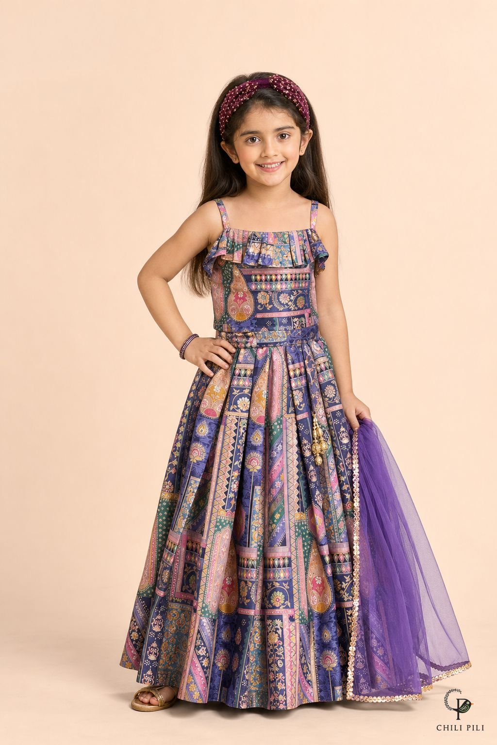 Girls Munmun Tikali Silk Lehenga Choli Purple - front view