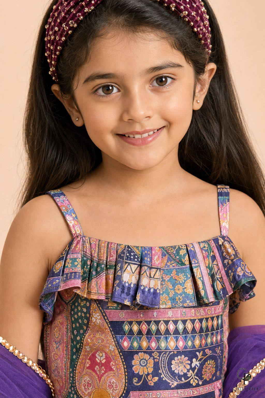 Girls Munmun Tikali Silk Lehenga Choli Purple - close-up detail of top