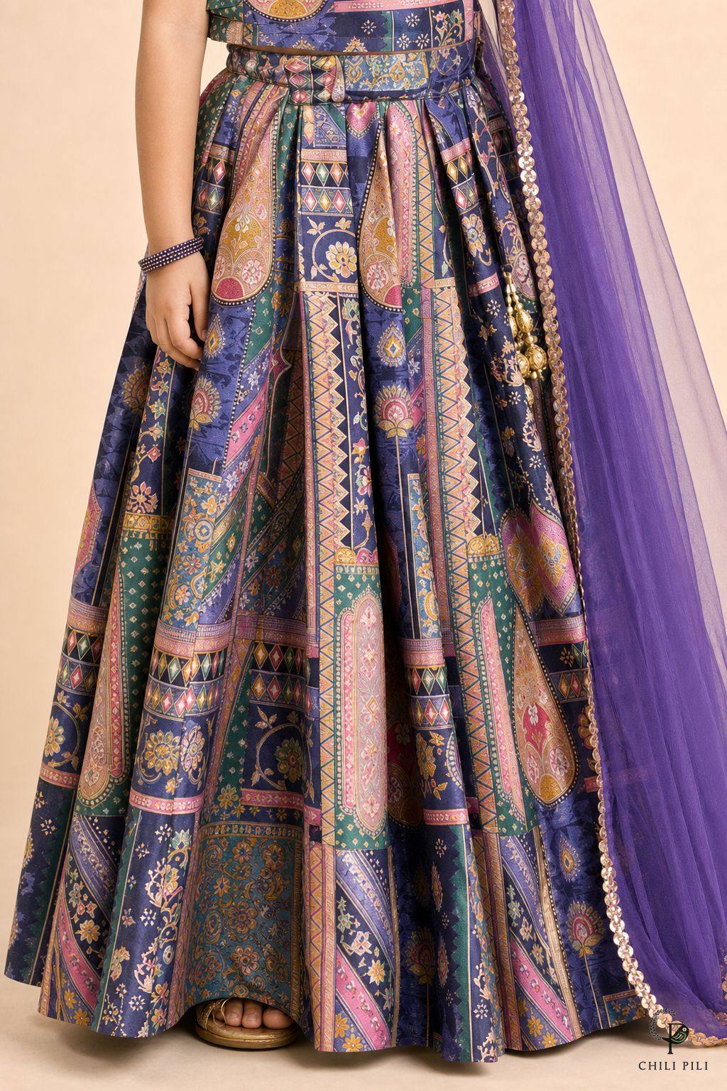 Girls Munmun Tikali Silk Lehenga Choli Purple - close-up detail of bottom