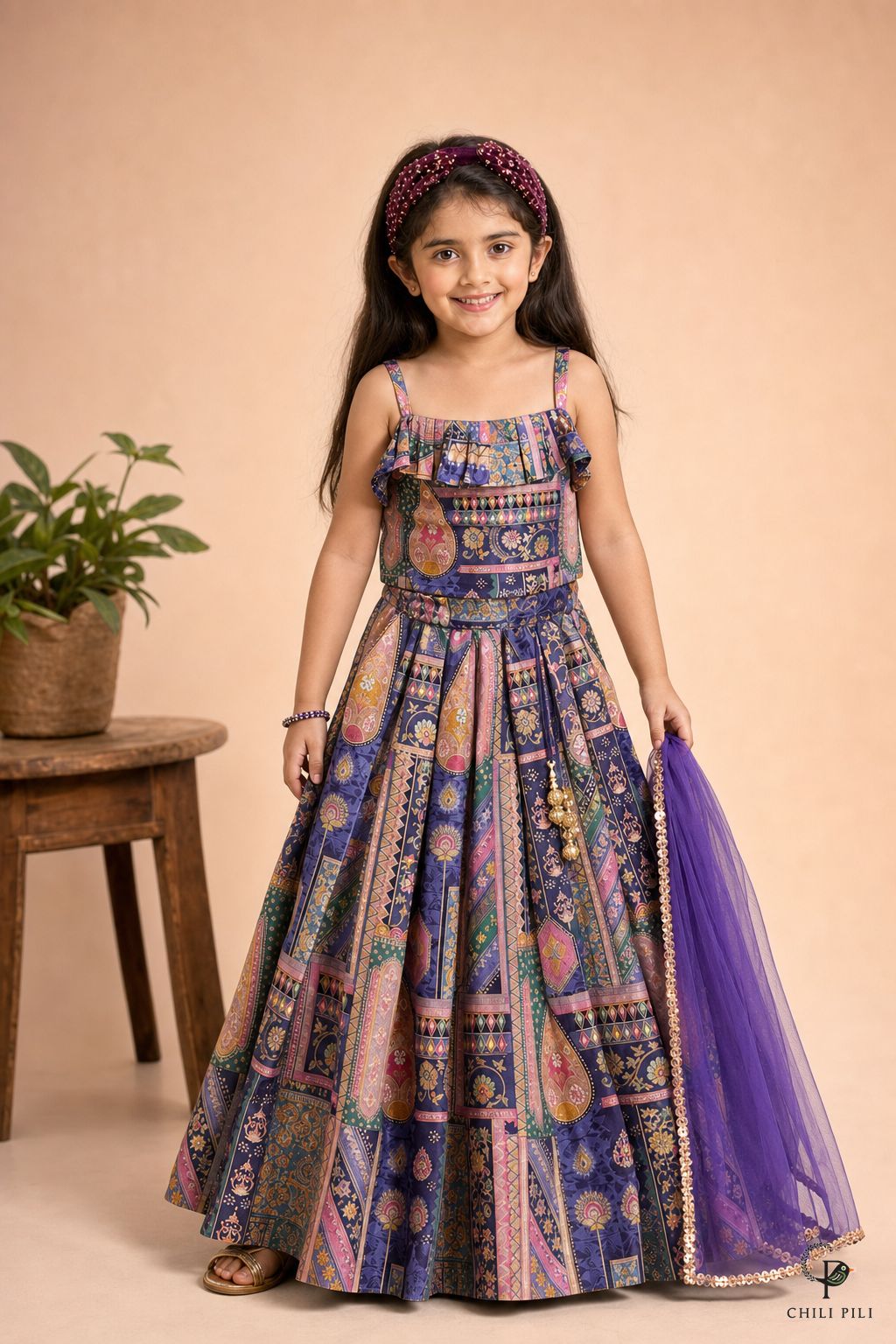 Girls Munmun Tikali Silk Lehenga Choli Purple - festive lifestyle shot