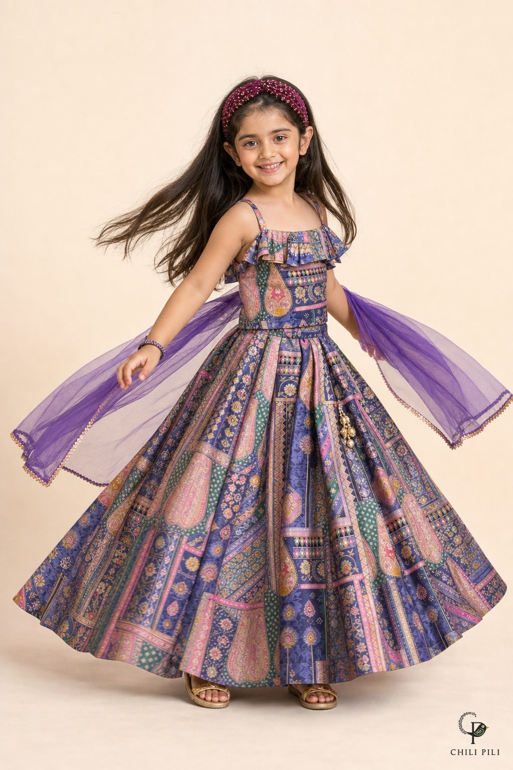 Girls Munmun Tikali Silk Lehenga Choli Purple - lifestyle movement shot