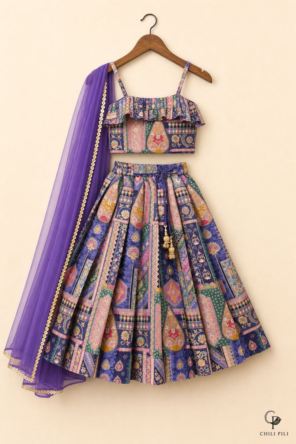 Girls Munmun Tikali Silk Lehenga Choli Purple - full set on hanger