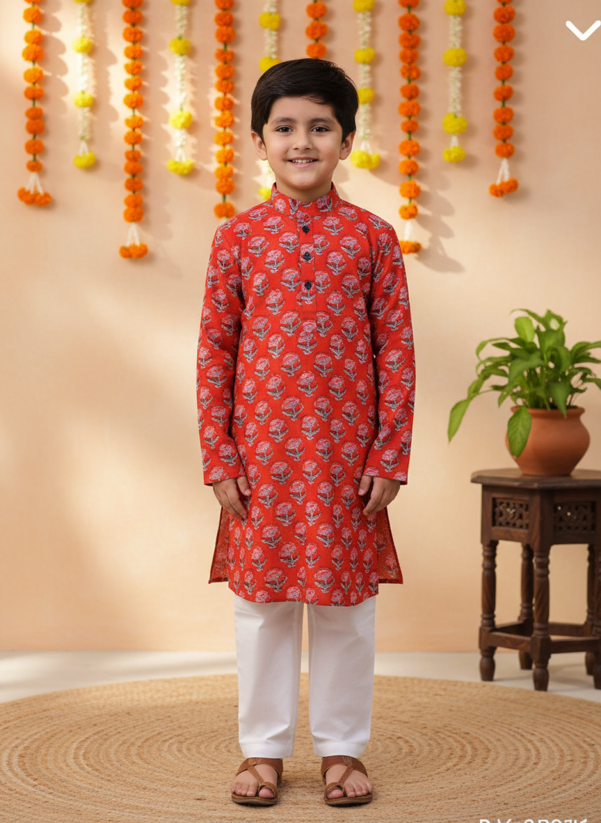 Boys Block Print Kurta Pajama Set Red - front view