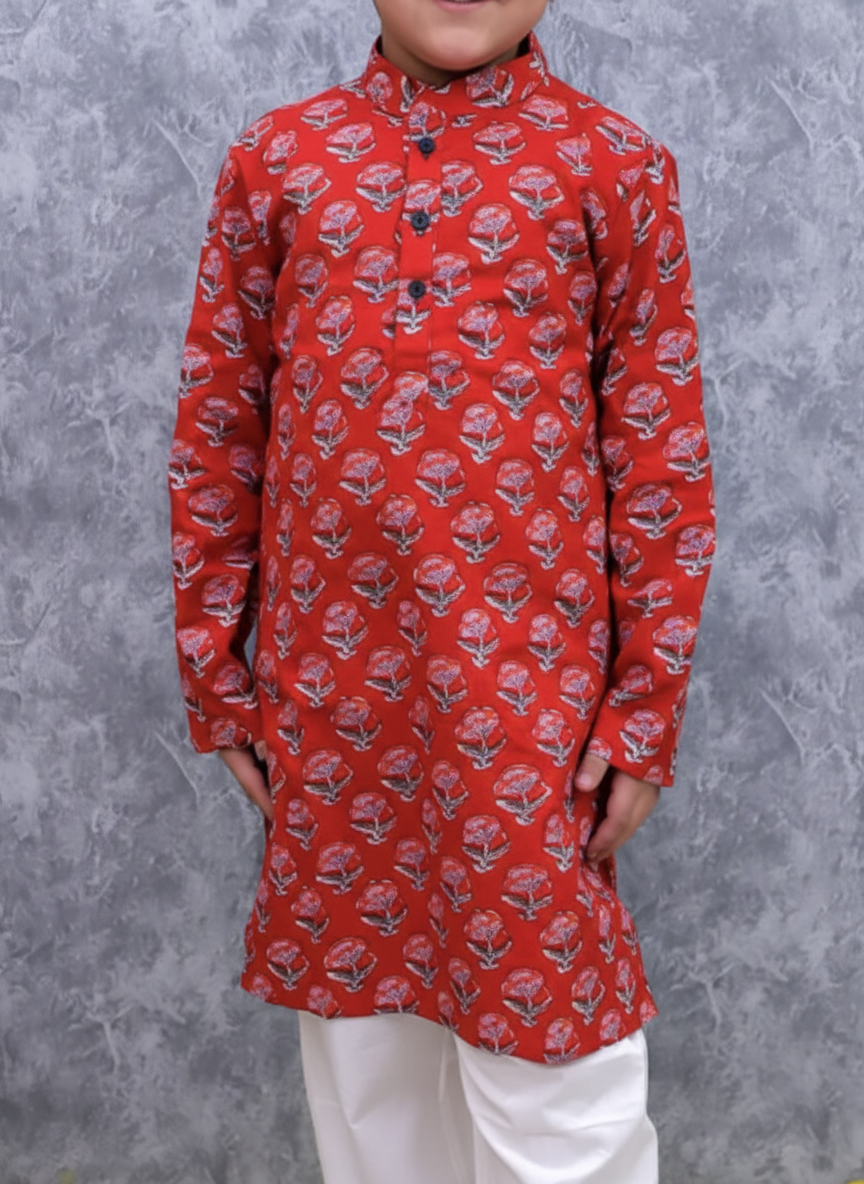 Boys Block Print Kurta Pajama Set Red - close-up detail of kurta
