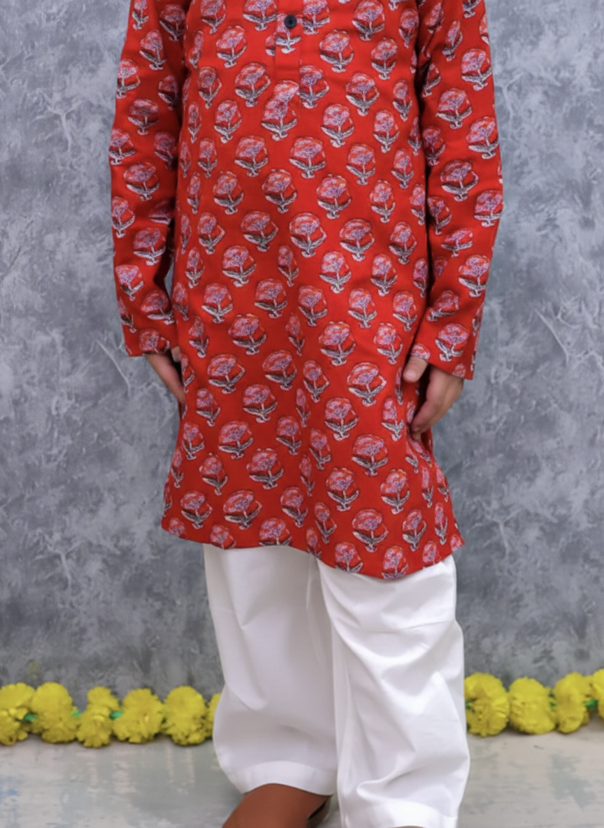 Boys Block Print Kurta Pajama Set Red - close-up detail of pajama