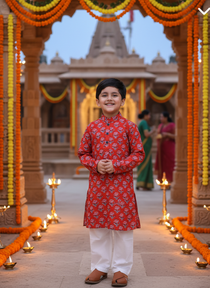 Boys Block Print Kurta Pajama Set Red - festive lifestyle shot