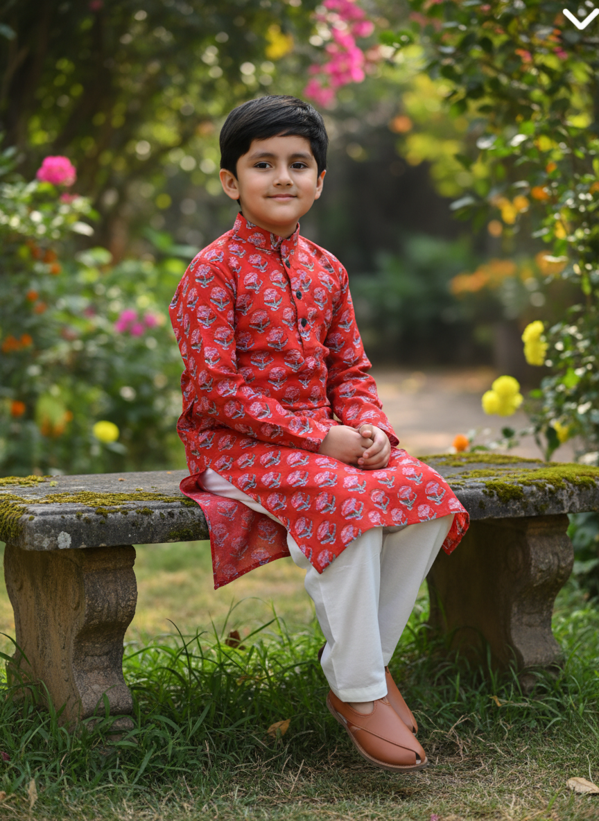 Boys Block Print Kurta Pajama Set Red - lifestyle outdoor shot