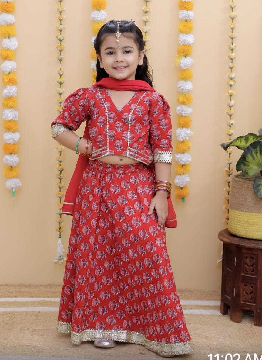 Girls Block Print Lehenga Choli Set Red - front view