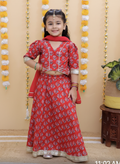 Girls Block Print Lehenga Choli Set Red - front view
