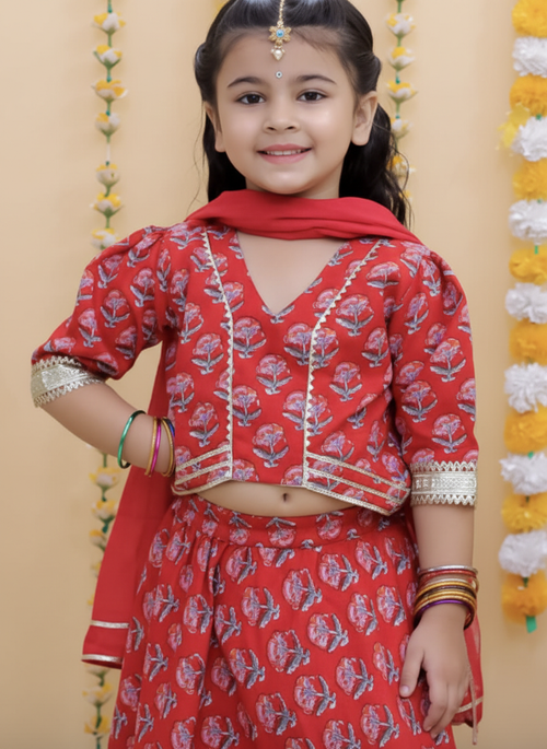 Girls Block Print Lehenga Choli Set Red - close-up detail of blouse