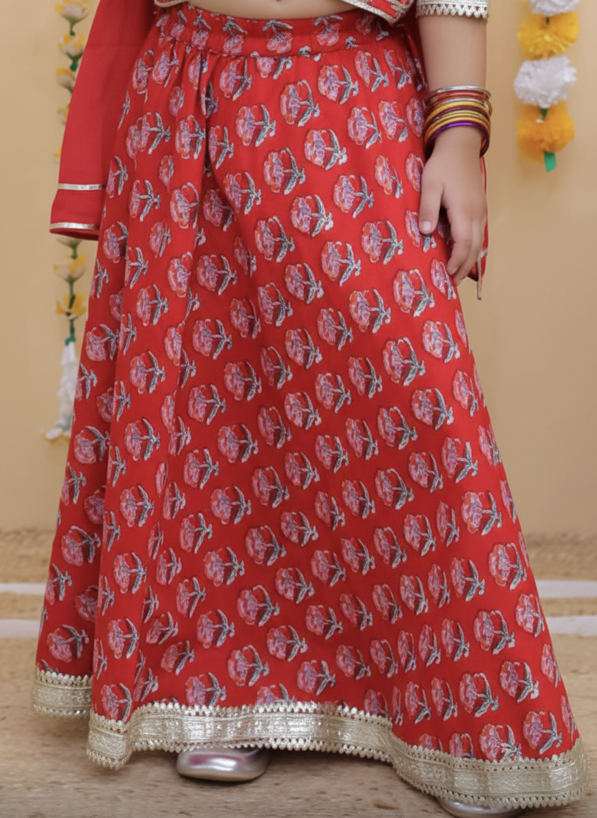 Girls Block Print Lehenga Choli Set Red - close-up detail of lehenga and border