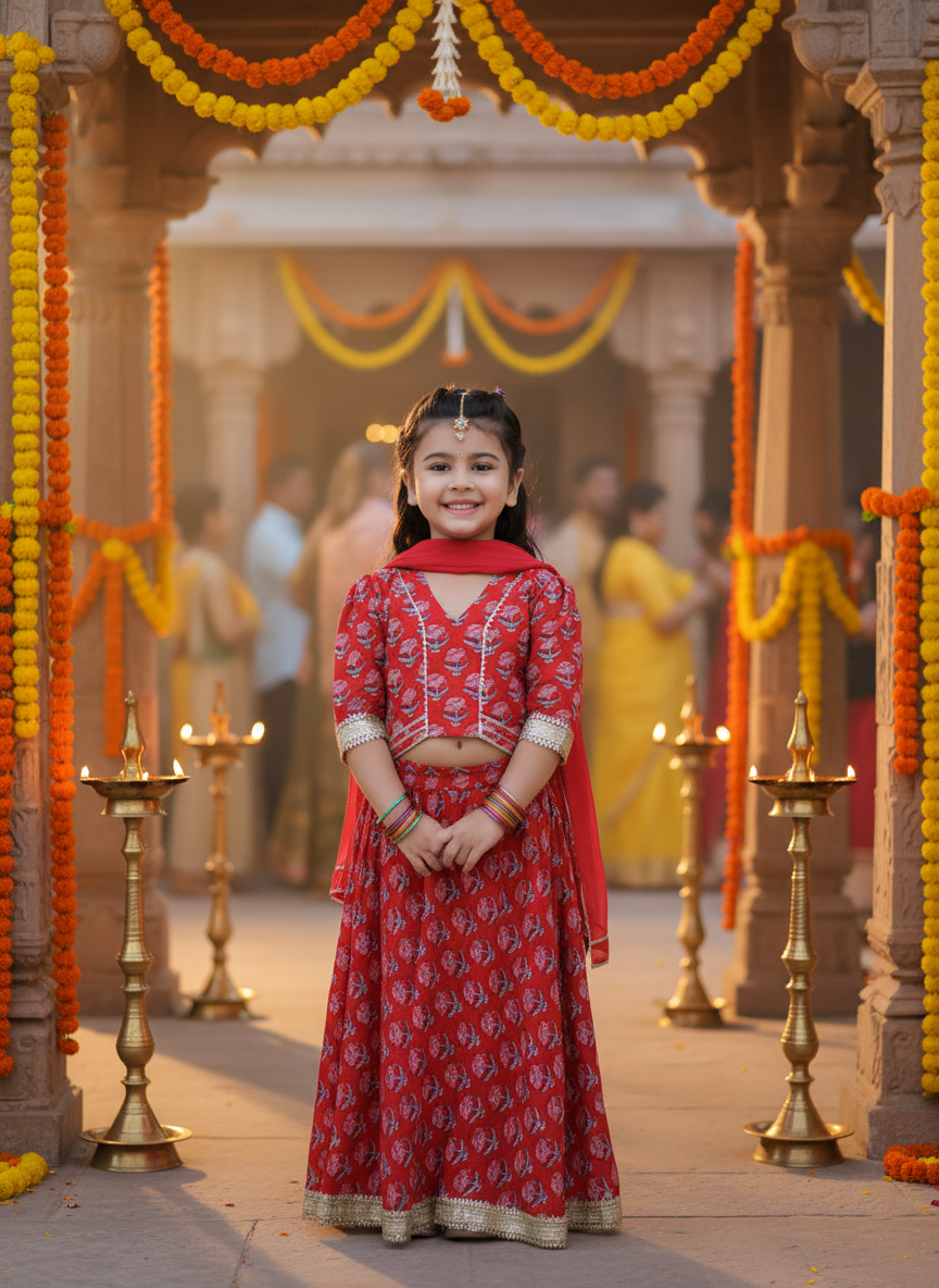 Girls Block Print Lehenga Choli Set Red - festive lifestyle shot