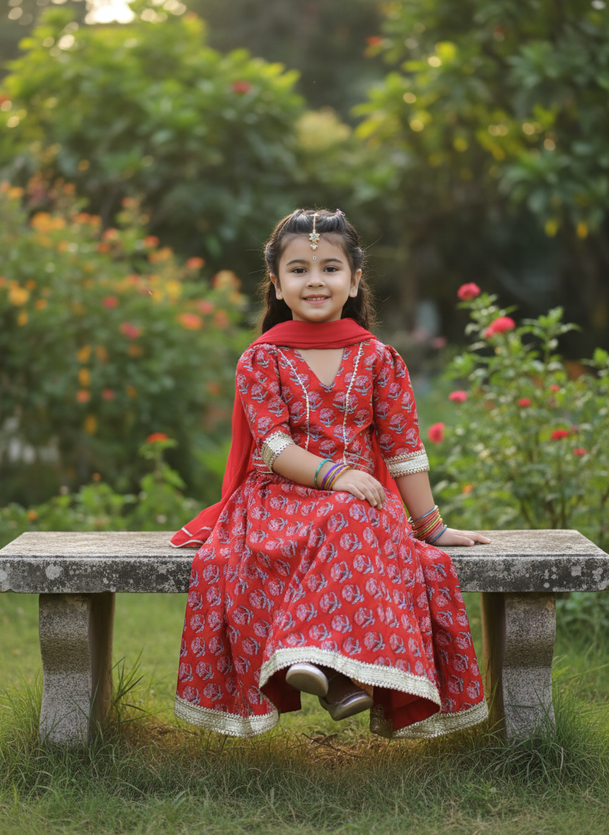 Girls Block Print Lehenga Choli Set Red - lifestyle outdoor shot