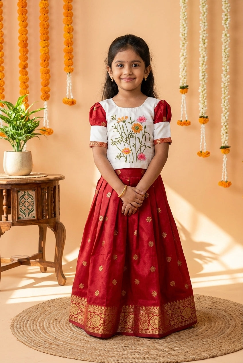Floral Embroidered Silk Pattu Pavadai Set Red