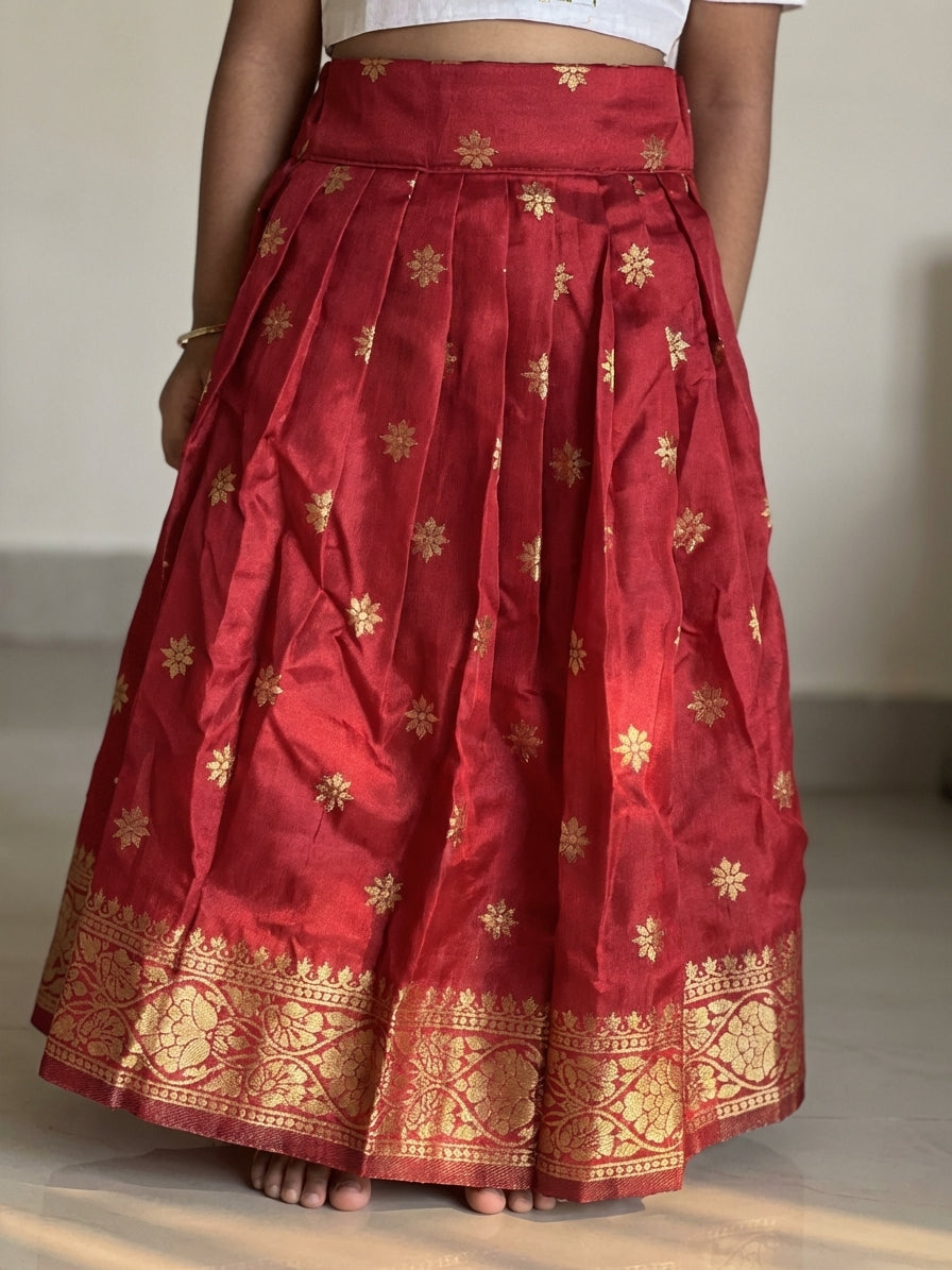 Floral Embroidered Silk Pattu Pavadai Set Red