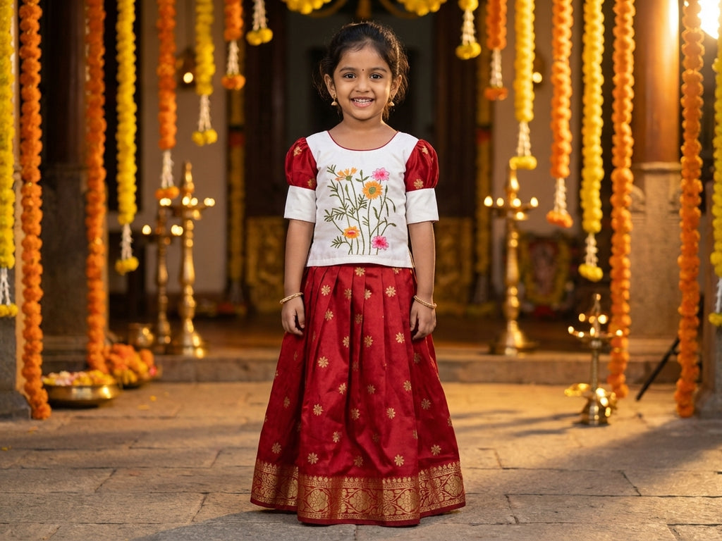 Floral Embroidered Silk Pattu Pavadai Set Red