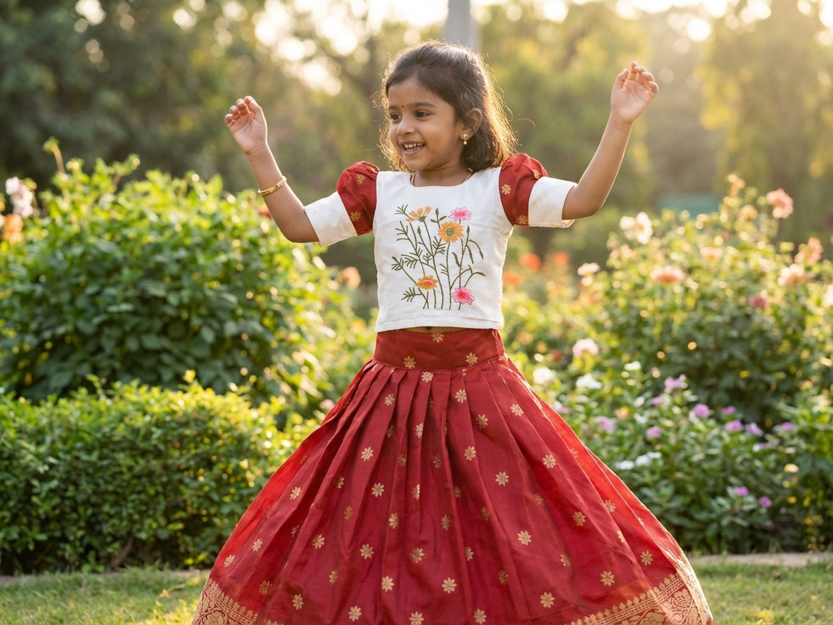 Floral Embroidered Silk Pattu Pavadai Set Red