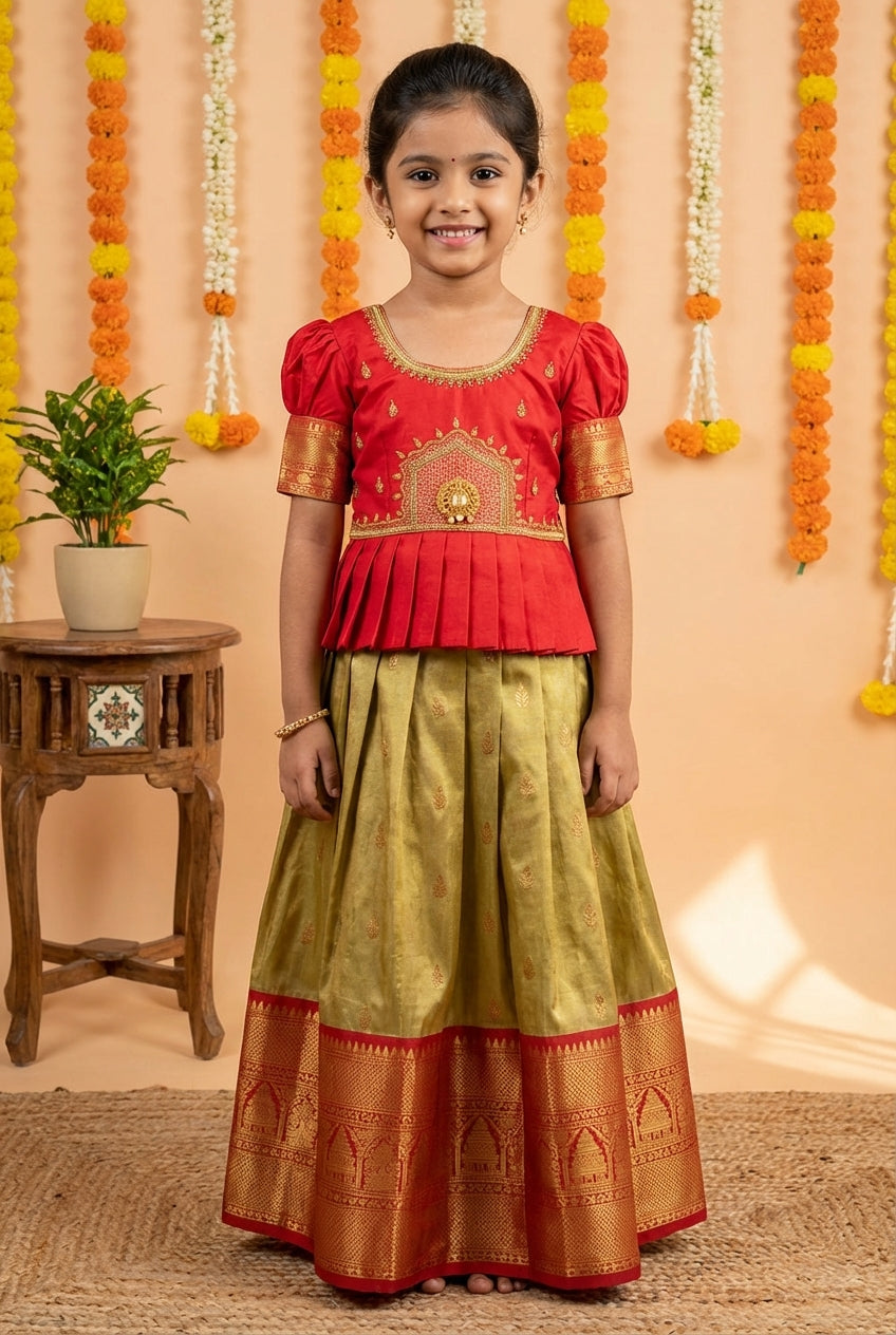 Zari Silk Pattu Pavadai Set Red