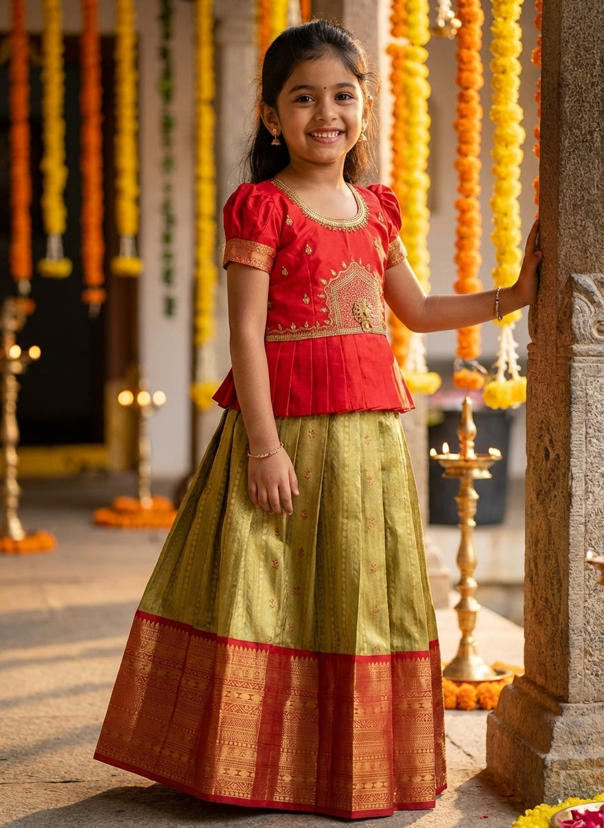 Zari Silk Pattu Pavadai Set Red