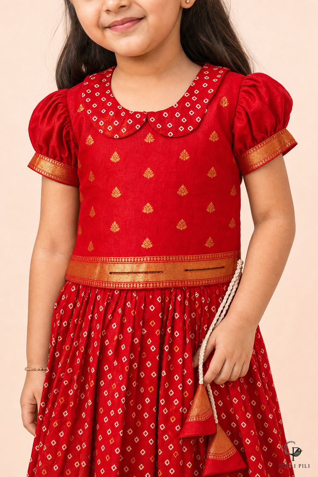 Girls Juri Bandhani Silk Lehenga Choli Red - close-up detail of top