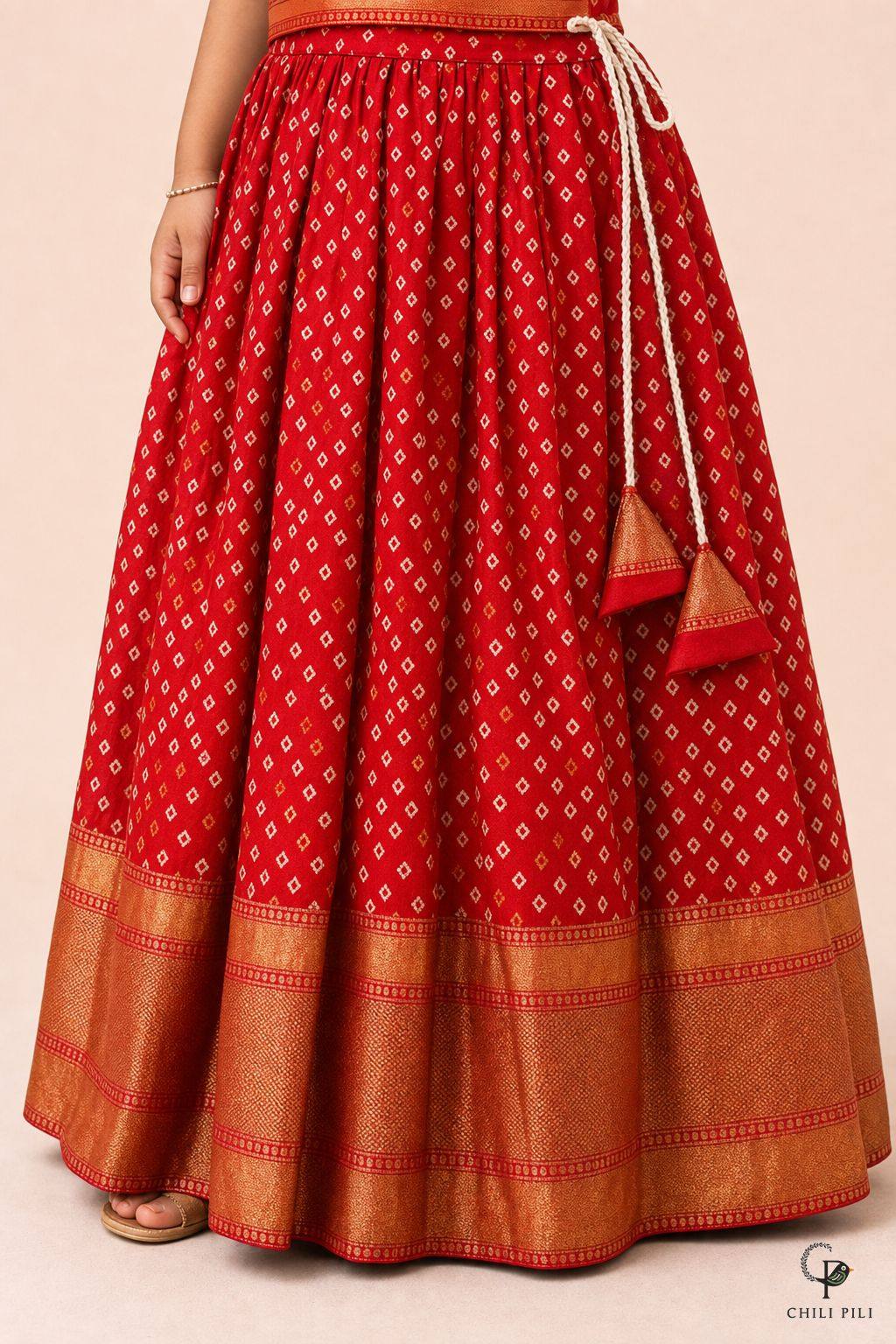 Girls Juri Bandhani Silk Lehenga Choli Red - close-up detail of bottom