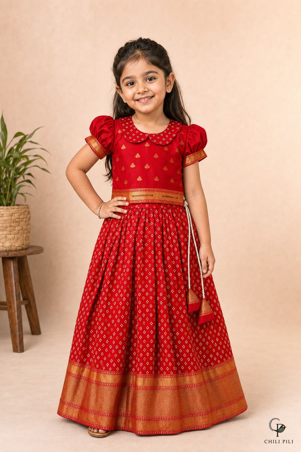 Girls Juri Bandhani Silk Lehenga Choli Red - festive lifestyle shot