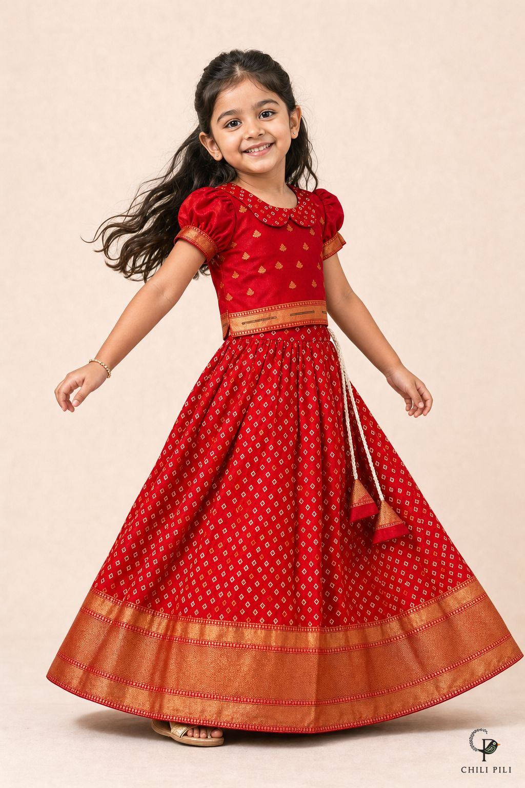 Girls Juri Bandhani Silk Lehenga Choli Red - lifestyle movement shot