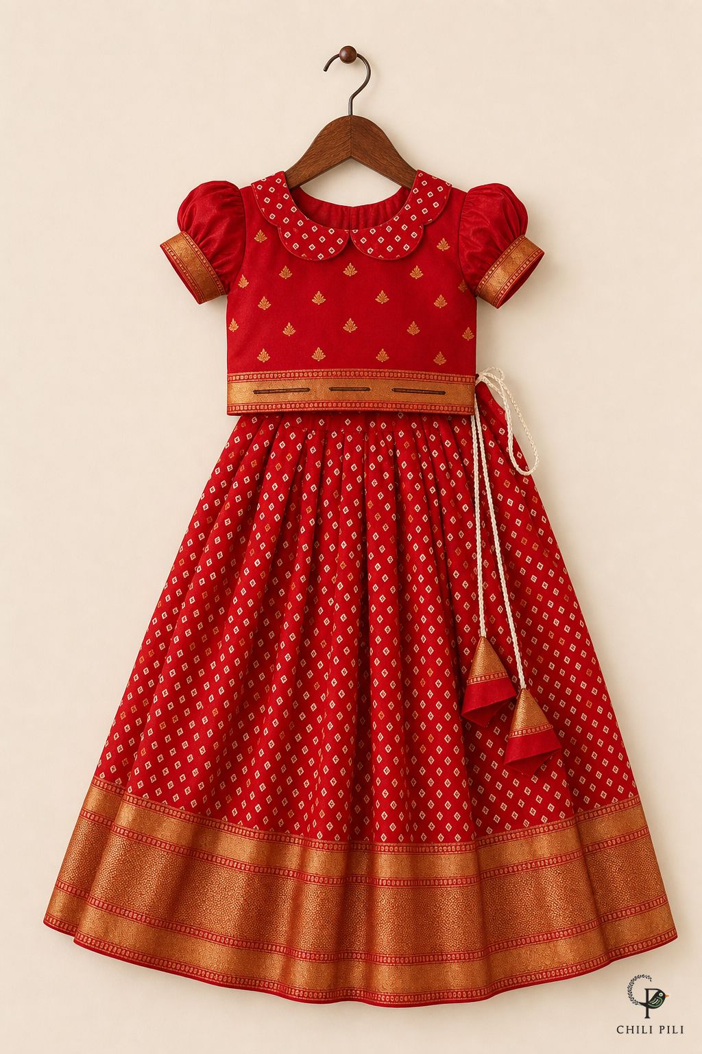 Girls Juri Bandhani Silk Lehenga Choli Red - full set on hanger