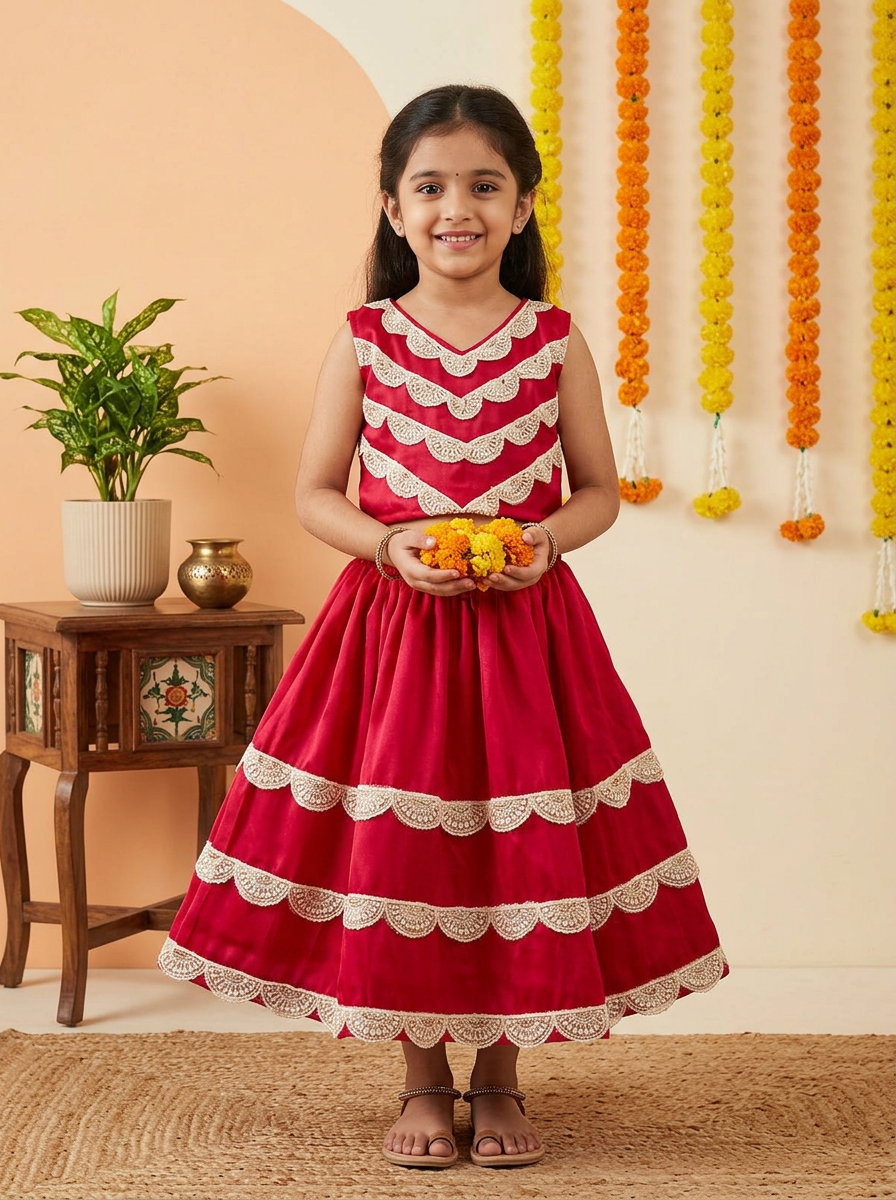 Girls Scalloped Lace Lehenga Set Red - front view