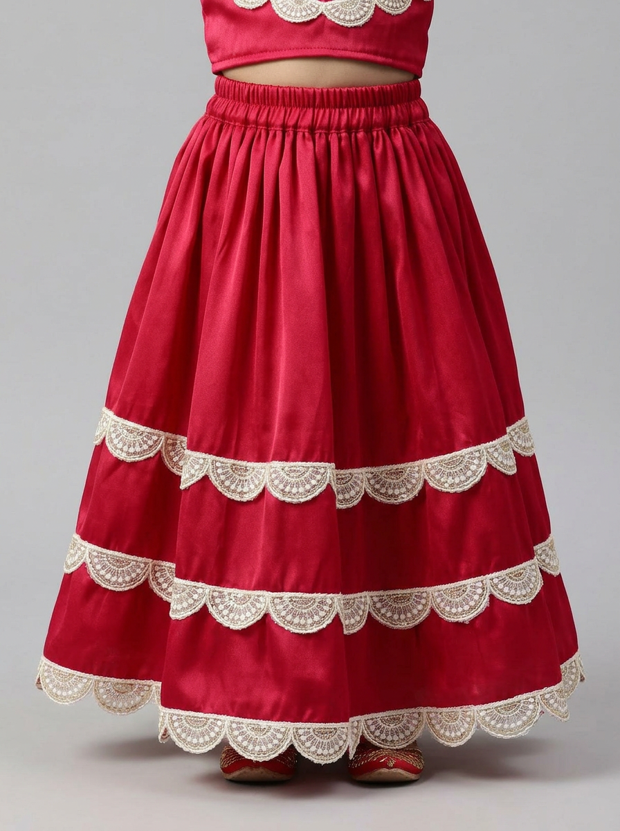 Girls Scalloped Lace Lehenga Set Red - close-up detail of lehenga skirt