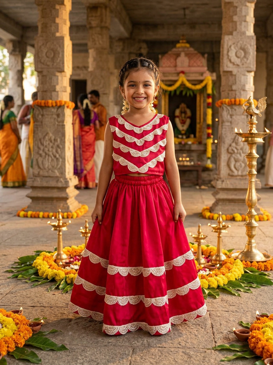 Girls Scalloped Lace Lehenga Set Red - festive lifestyle shot
