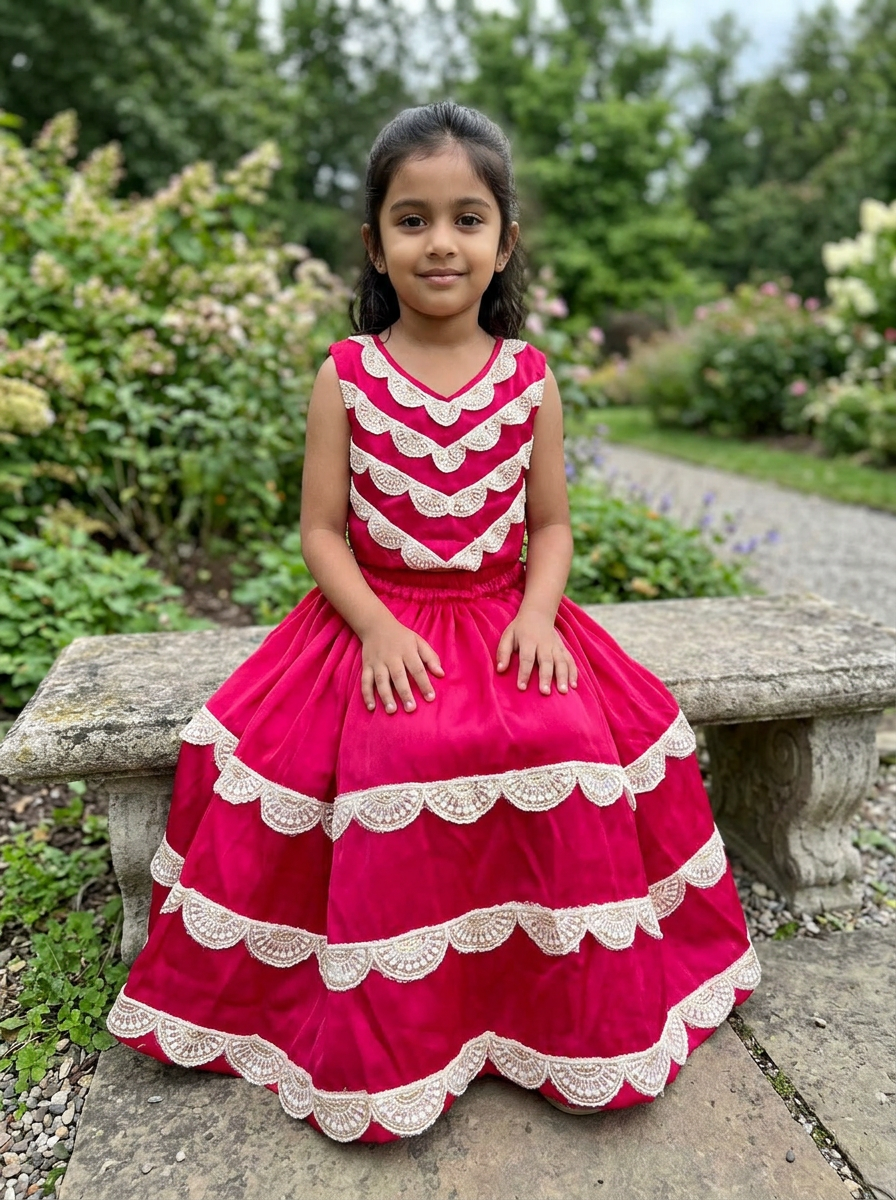 Girls Scalloped Lace Lehenga Set Red - lifestyle outdoor shot