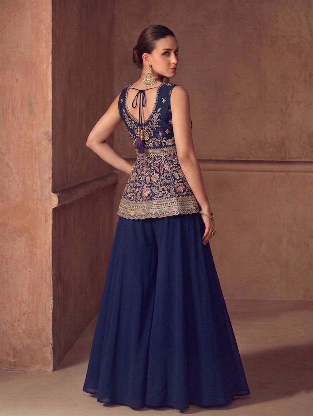 Navy Embroidered Peplum Sharara Set
