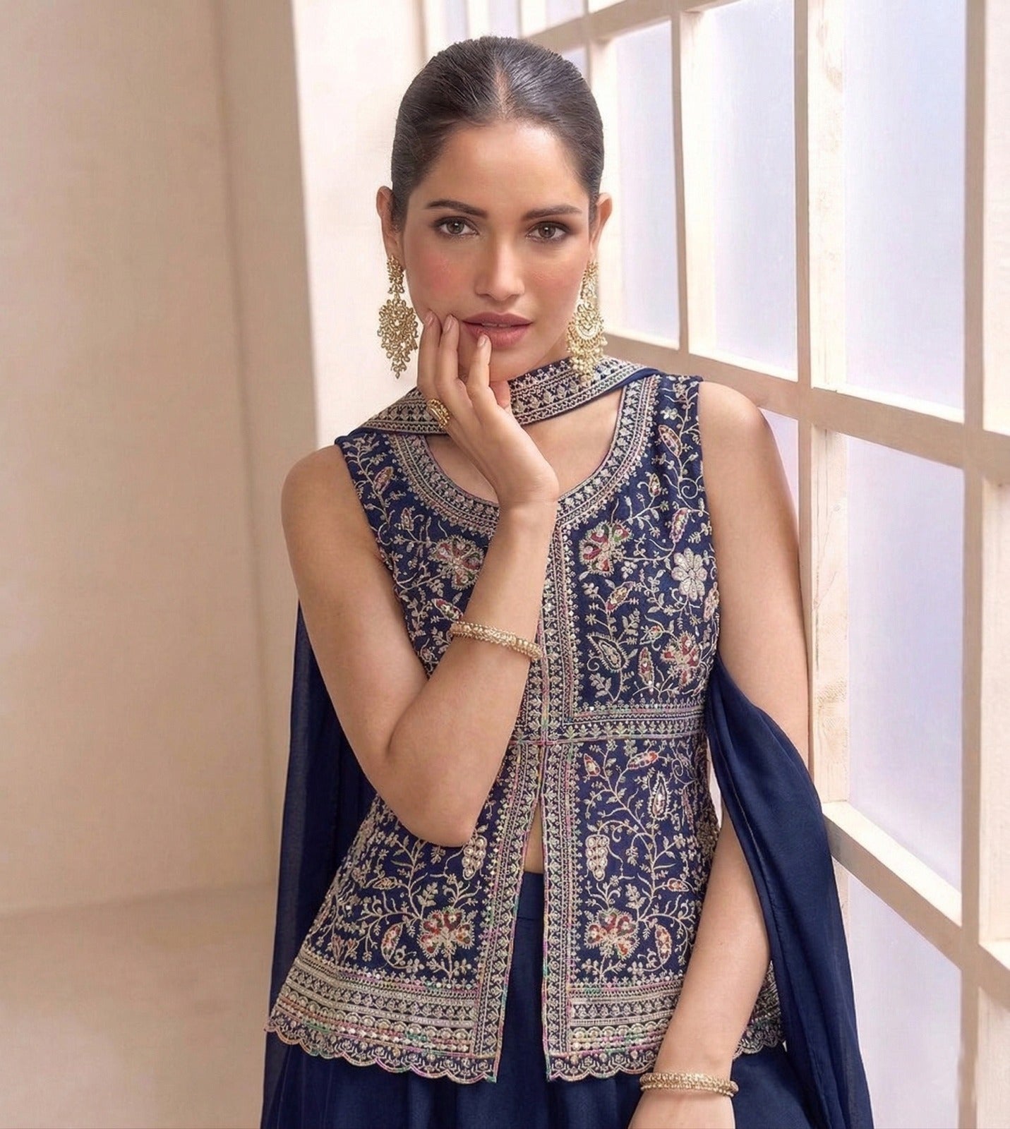 Navy Embroidered Peplum Sharara Set