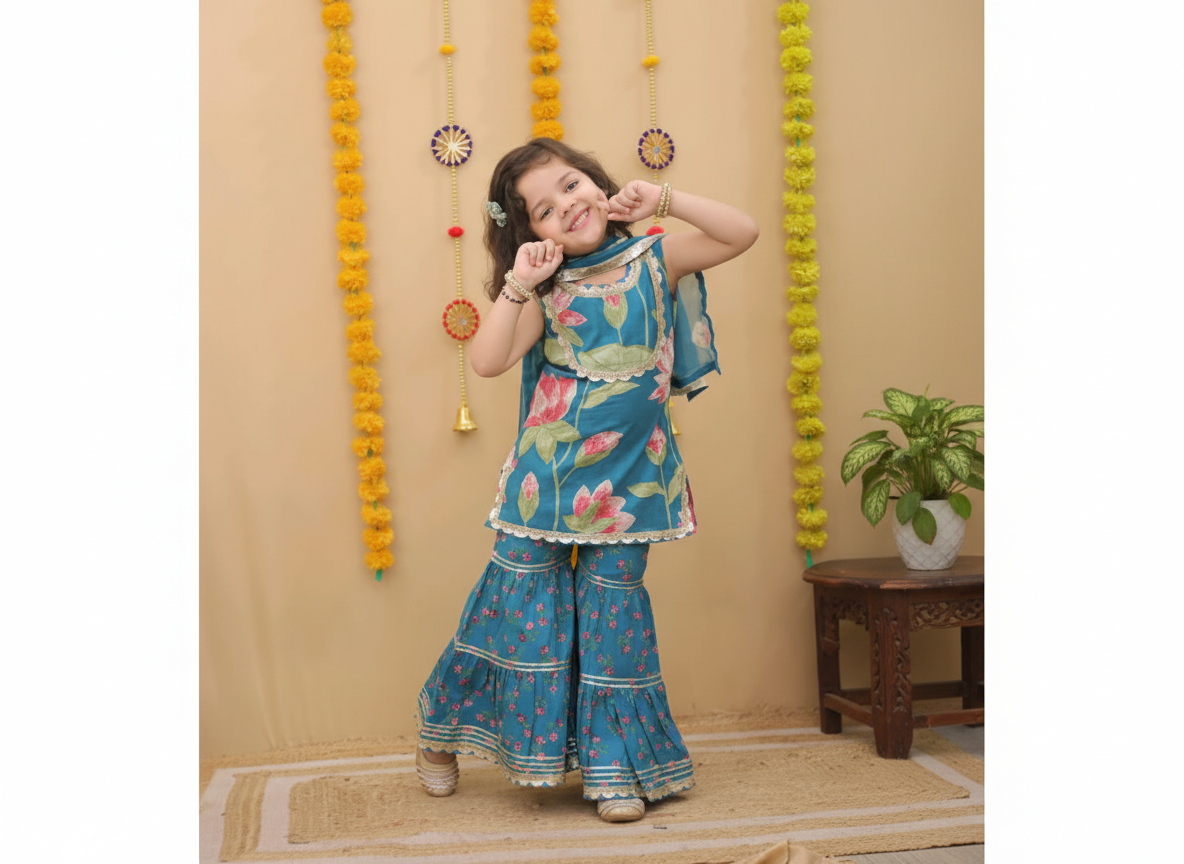 Girls Lotus Printed Kurta Sharara Set Teal - front view