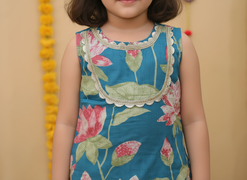 Girls Lotus Printed Kurta Sharara Set Teal - close-up detail of kurta top