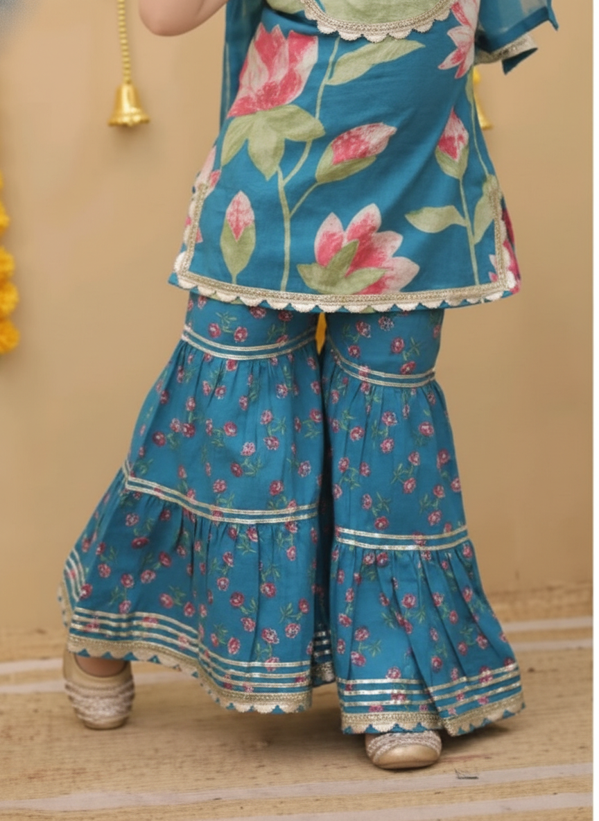 Girls Lotus Printed Kurta Sharara Set Teal - close-up detail of sharara