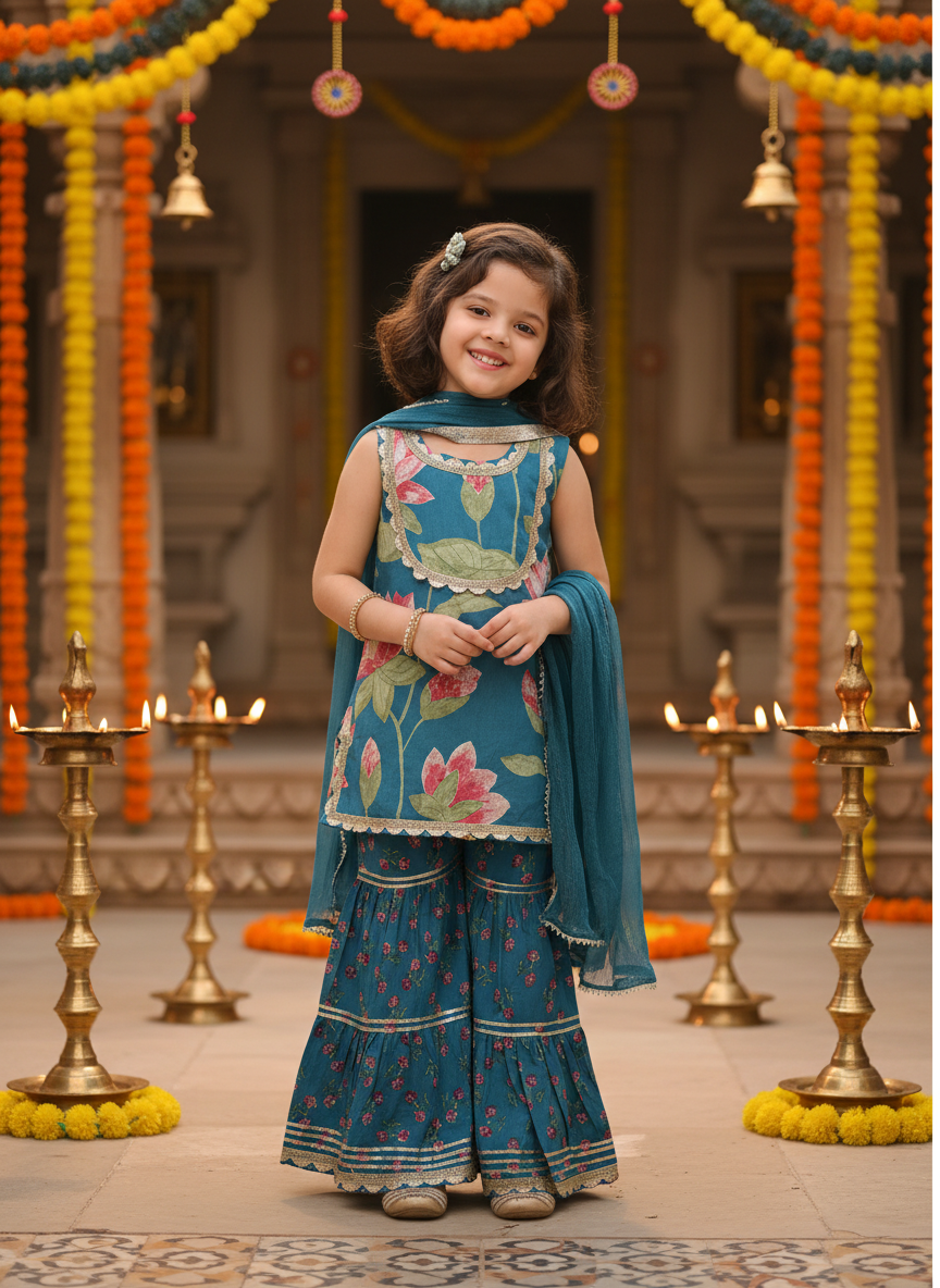Girls Lotus Printed Kurta Sharara Set Teal - festive lifestyle shot
