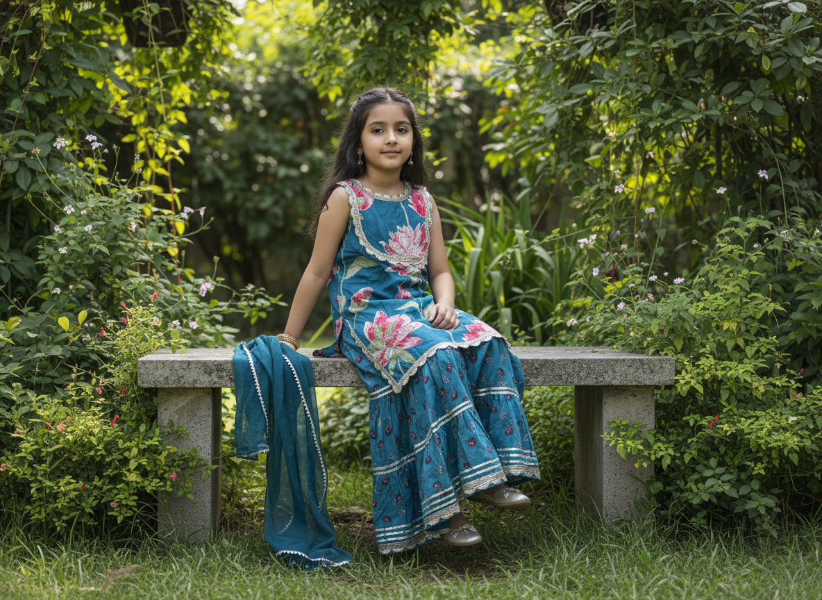 Girls Lotus Printed Kurta Sharara Set Teal - lifestyle outdoor shot