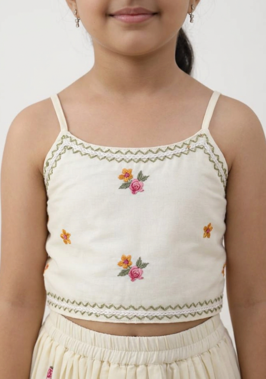 Girls Floral Printed Top Skirt Set White - close-up detail of crop top