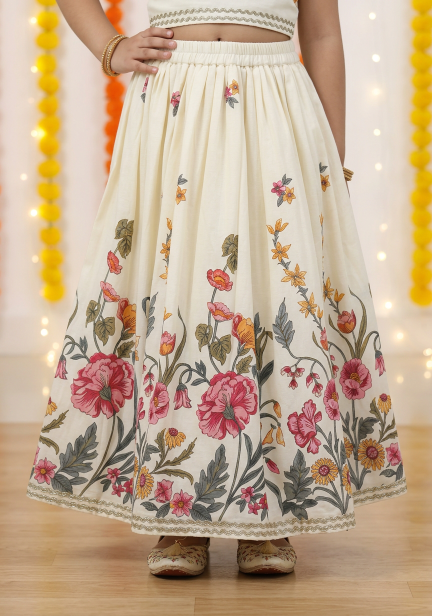 Girls Floral Printed Top Skirt Set White - close-up detail of floral skirt