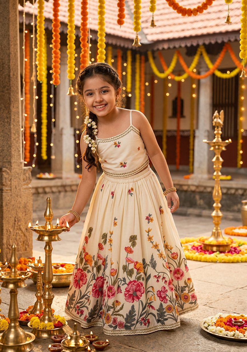 Girls Floral Printed Top Skirt Set White - festive lifestyle shot