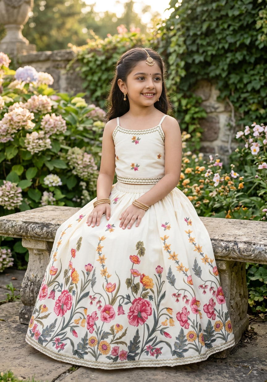 Girls Floral Printed Top Skirt Set White - lifestyle outdoor shot