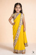 Girls Aditi Dola Silk Saree Set Yellow - front view